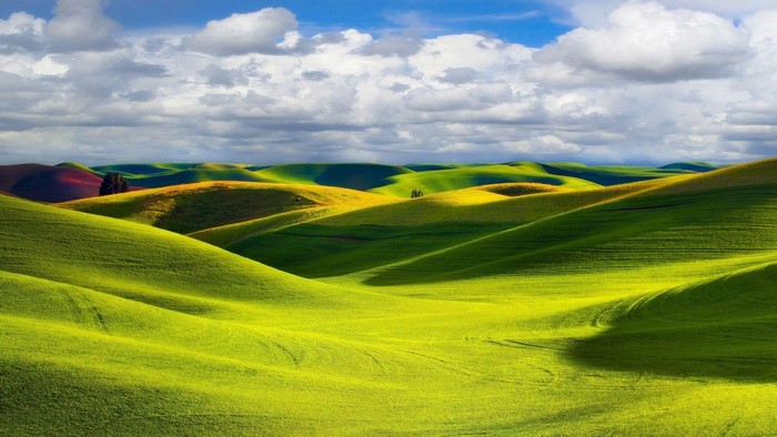Rolling green hills under a cloudy sky