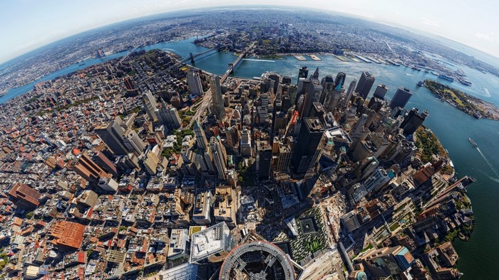 Aerial View of New York City Skyline and Waterways
