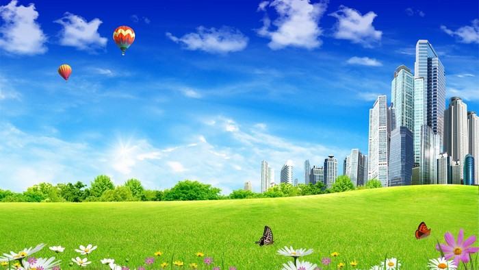 Fantasy Cityscape with Hot Air Balloons and Butterflies