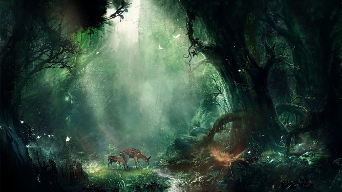 Fantasy Forest with Deer and Butterflies