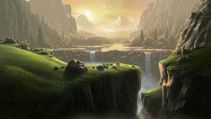 Fantasy landscape with mountains, waterfalls, and a deer