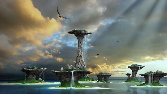 Fantasy islands with waterfalls and birds