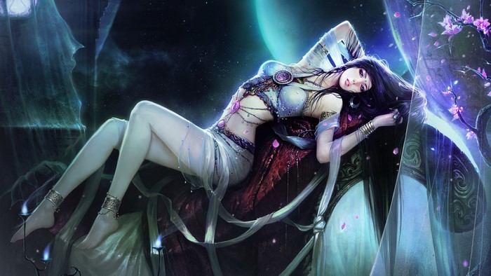 Fantasy girl lying on a luxurious couch