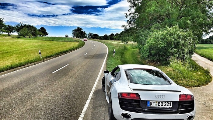 White Audi R8 parked on a country road