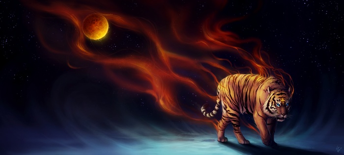 Tiger with fiery mane and planet