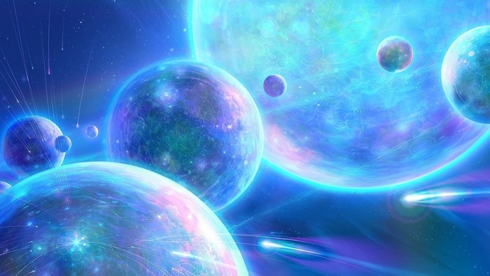Cosmic scene with planets and shooting stars