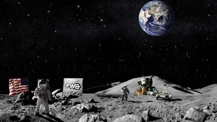 Astronauts on the Moon with Earth in the background