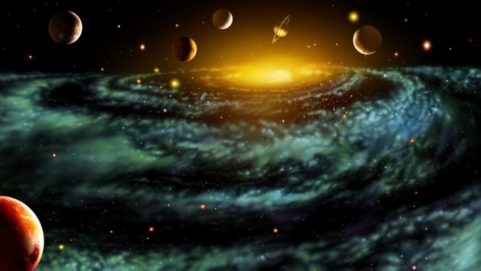 Planets and galaxy in outer space