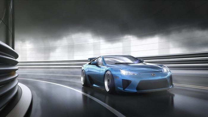 Blue Lexus LFA driving through a tunnel