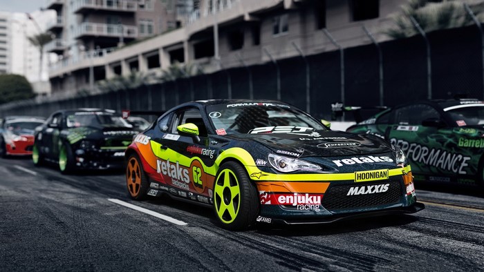 Formula Drift cars on a race track