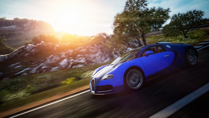 Blue Bugatti Veyron EB 16.4 on a race track