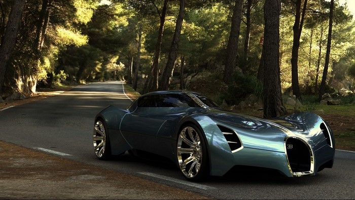 Bugatti concept car on a forest road