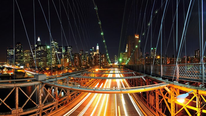New York City Skyline at Night from Brooklyn Bridge