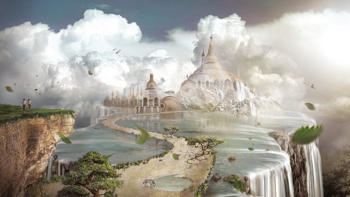 Fantasy world with floating islands and pagodas