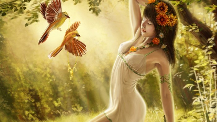 Fantasy girl with flowers and birds in forest