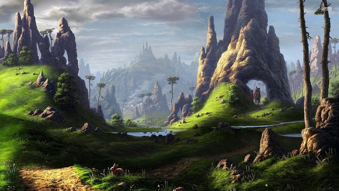 Fantasy landscape with rocky spires and rolling hills