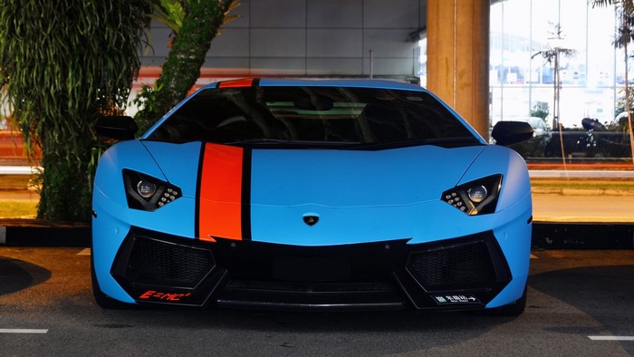 Blue and orange Lamborghini Aventador modification