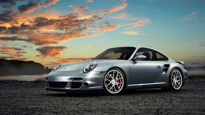 Silver Porsche 911 Turbo at Sunset
