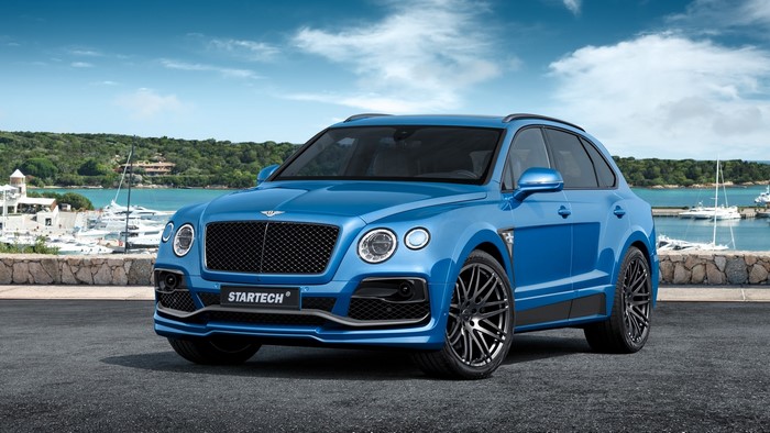 Blue Bentley Bentayga by Startech in a Marina