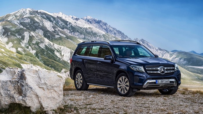Mercedes-Benz GLS SUV parked on a rocky mountain landscape
