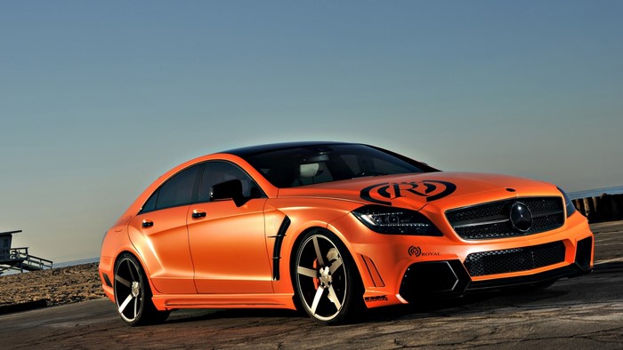 Orange Mercedes-Benz CLS with custom body kit