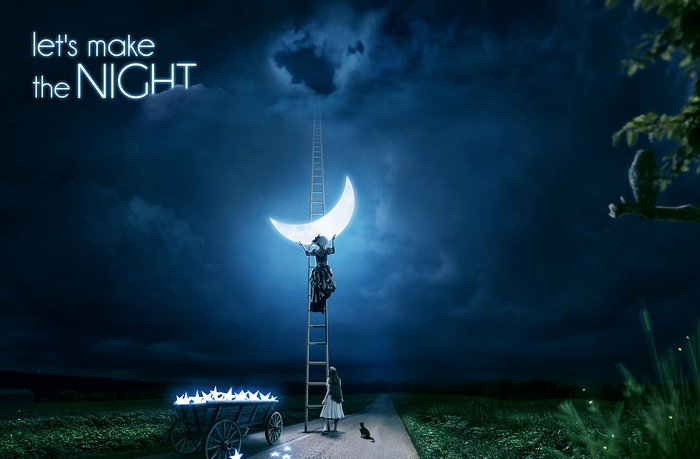 Fantasy Night Scene with Girl and Moon