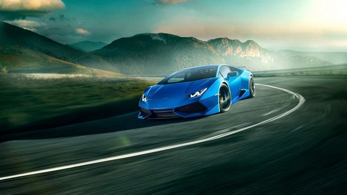 Blue Lamborghini Huracan N Largo on a Winding Road