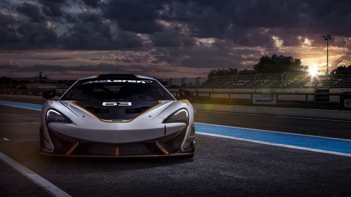 McLaren 650S GT3 Race Car on Track at Sunset