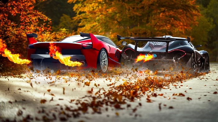 McLaren P1 GTR and Ferrari FXX racing with flames