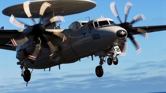 Northrop Grumman E-2 Hawkeye military aircraft in flight