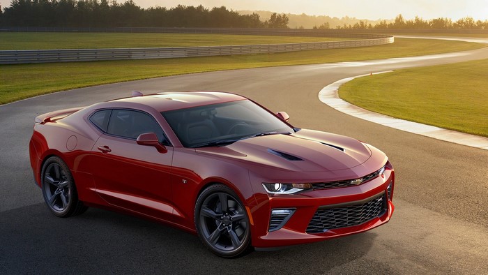 Red Chevrolet Camaro 2016 on a Racetrack