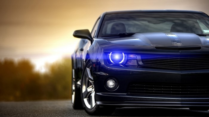 Chevrolet Camaro with blue headlights