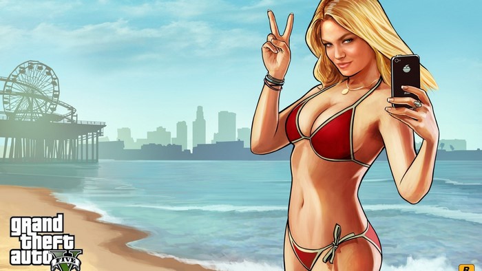 Woman in bikini taking a selfie in Grand Theft Auto V