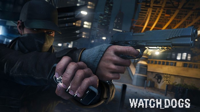 Aiden Pearce from Watch Dogs holding a gun