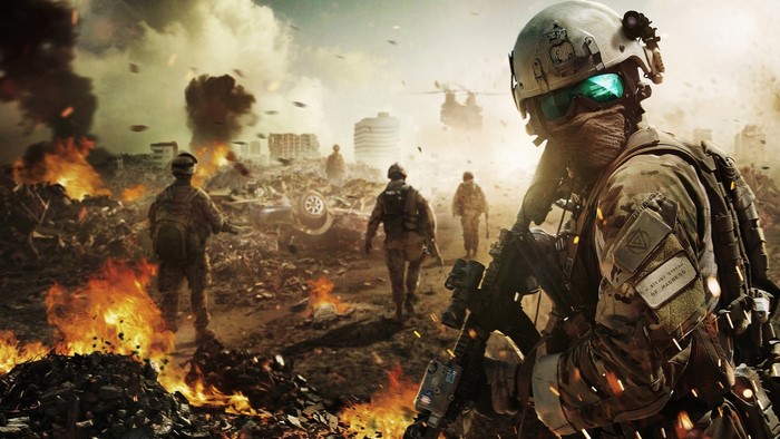 Soldiers in a war-torn city with explosions and a helicopter