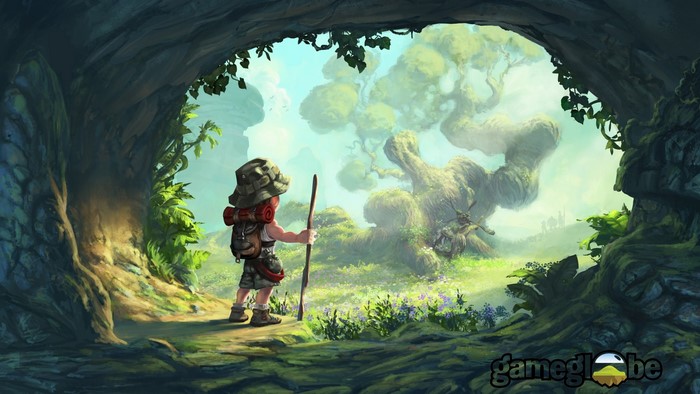 Child with backpack and stick in a fantasy forest