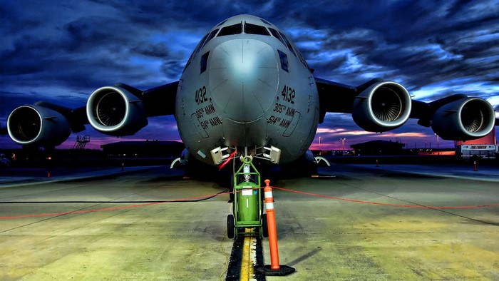C-17 Globemaster III military transport aircraft on tarmac