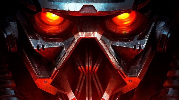 Close-up of a menacing robot with glowing red eyes