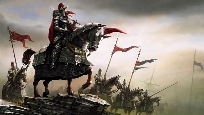 Knights on horseback with banners