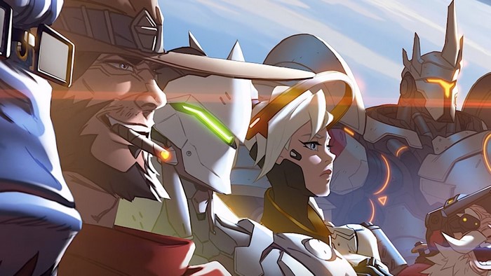 Overwatch characters: Cassidy, Genji, Mercy, Reinhardt, and Wrecking Ball