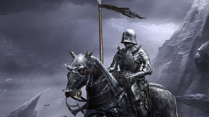 Knight in full armor on horseback