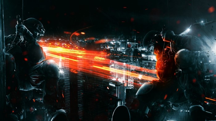 Battlefield 3 Spec Ops soldiers in a city at night
