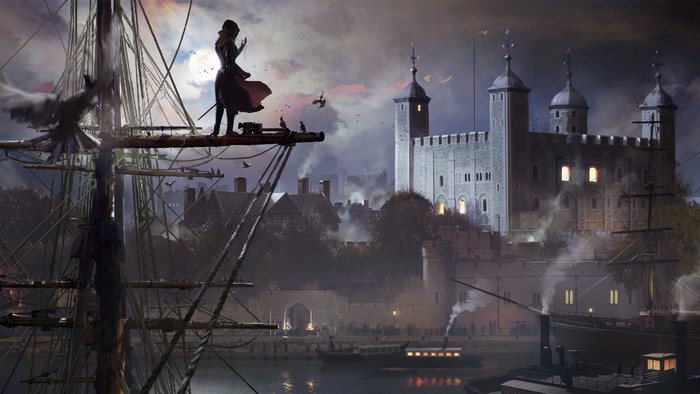 Female assassin from Assassin's Creed Syndicate on a ship near Tower of London
