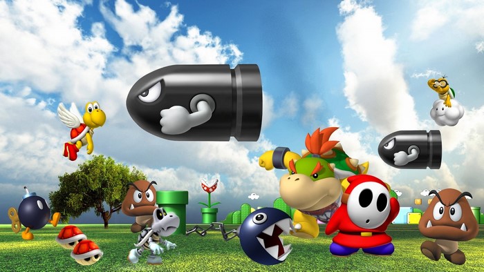 Super Mario characters in a grassy field