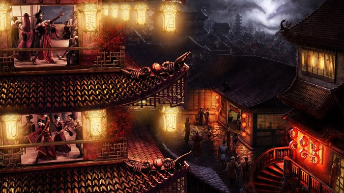Night scene in a traditional Chinese city with performers