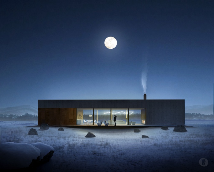Modern Villa in Snowy Landscape Under Full Moon