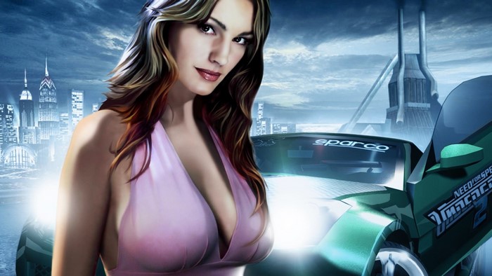Woman in pink dress and green car from Need for Speed