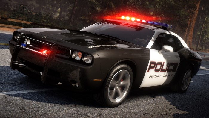 Police car with flashing lights on a road