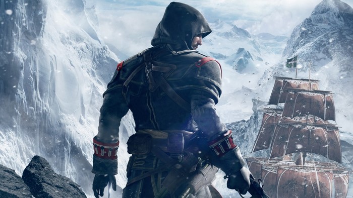 Assassin from Assassin's Creed in snowy mountains with ship
