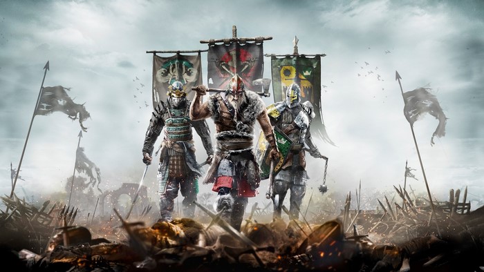 For Honor video game characters with banners